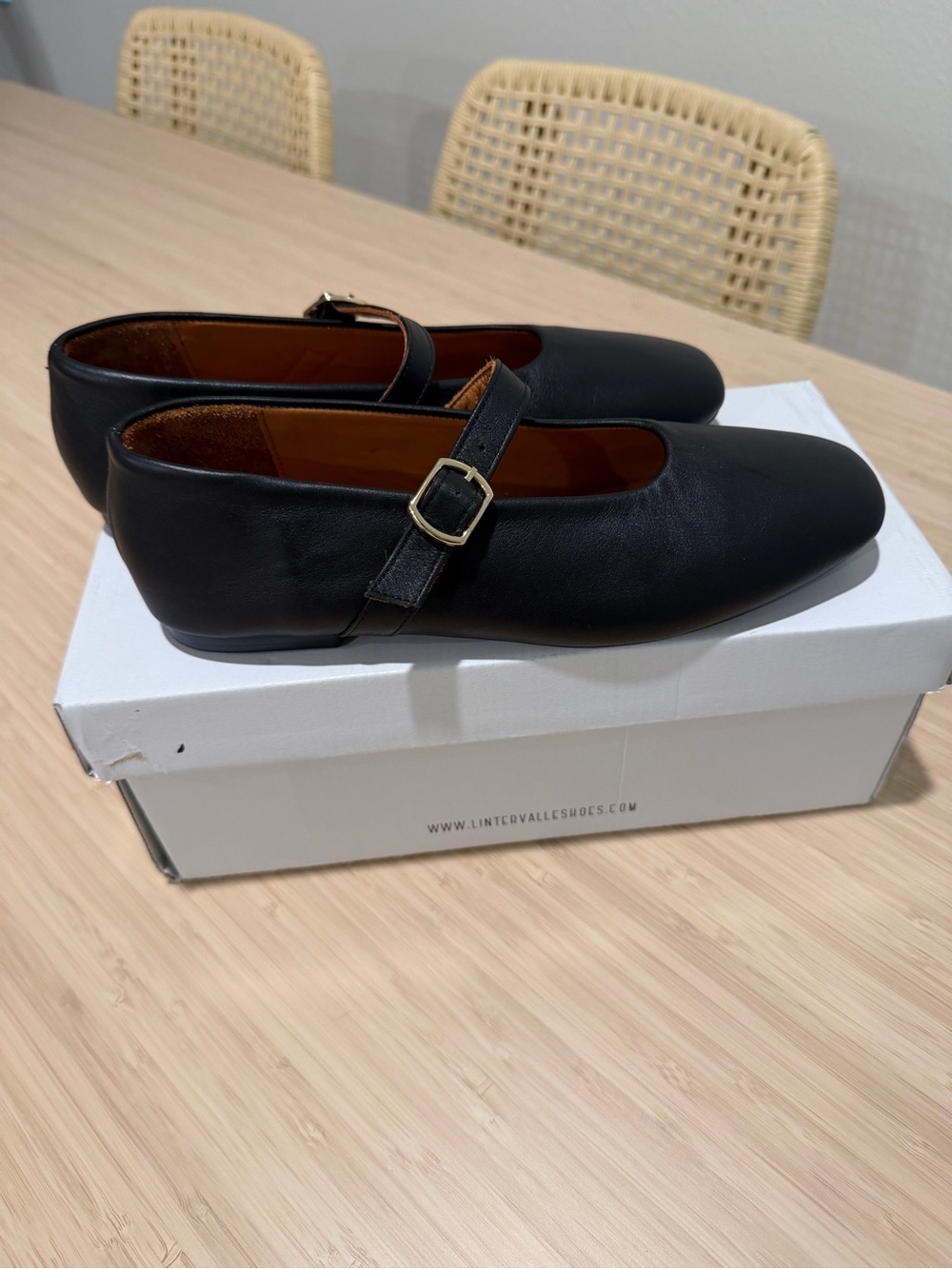 L'INTERVALLE Black Leather Mary Jane Flats with Gold Buckle